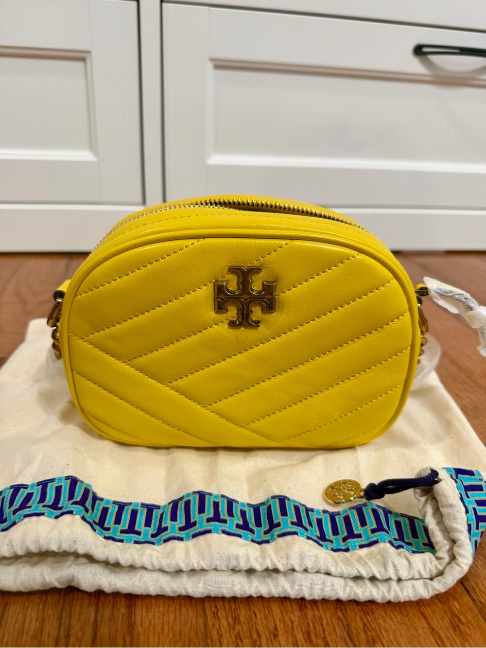 Tory Burch Bright Yellow Quilted Leather Crossbody with Logo